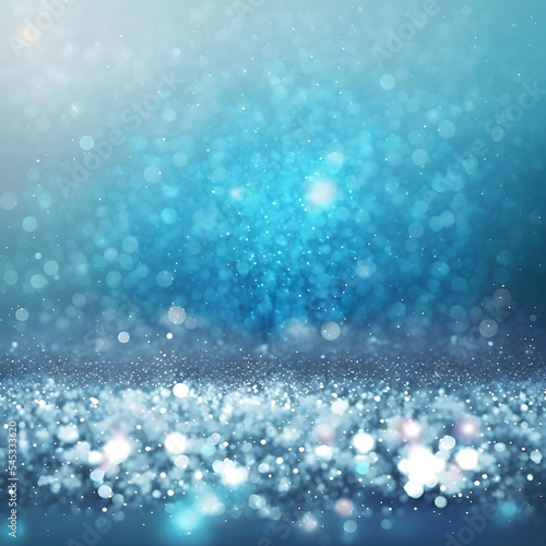 Glowing in the dark defocused glitter texture with blue bokeh lights and snow. Christmas and winter holidays background