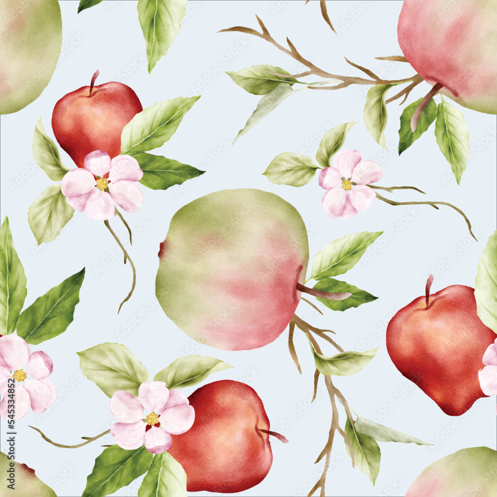 beautiful watercolor botanical apple and pink floral seamless pattern
