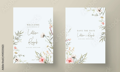 beautiful watercolor wedding invitation card with elegant flower and tiny foliage
