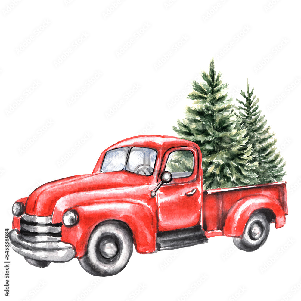 Watercolor red truck with christmas trees