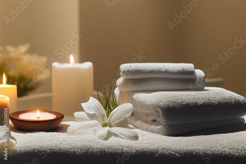 Fototapete spa, serviettes de bain avec bougies et lotus zen