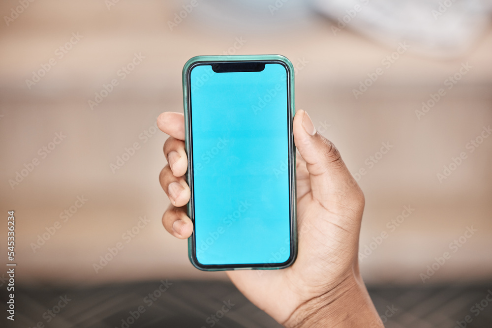 Green screen, phone and mockup in hand of man showing marketing logo, contact us or brand on smartphone with ux UI advertising design. Blue screen 5g smartphone for communication and networking space