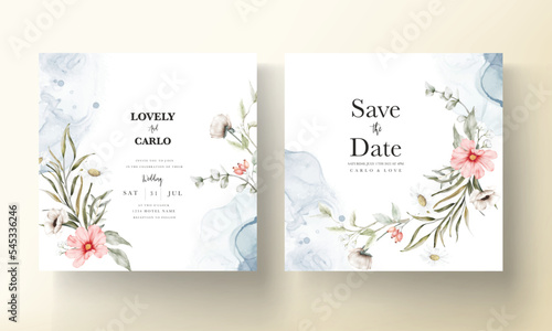 beautiful watercolor wedding invitation card with elegant flower and tiny foliage