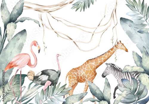 Photography Watercolor hand drawn illustration, colorful tropical palm leaves, African animals