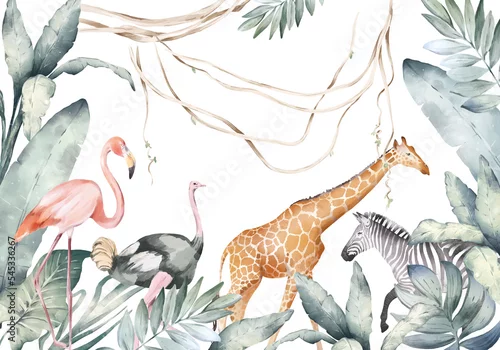 Obraz Akwarela, tropikalne liście palmowe, zwierzęta afrykańskie. Egzotyczne liście, liana, gałęzie w dżungli, flaming, żyrafa, zebra.