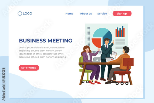 Business meeting in workspace with projectors, debate, bar chart diagram. Vector illustration concept can be use for landing page, template, ui ux, web, mobile app, poster, banner, website, flyer