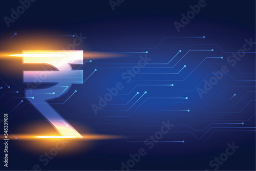 shiny indian rupee digital currency background with circuit lines
