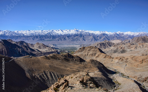 The Stok Range, with Stok Kangri (6123m) and Leh city, seen from the Khardung La Pass, Ladakh, India