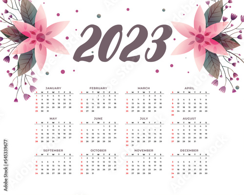 new year 2023 calendar template with floral decoration