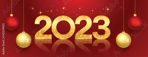 shiny 2023 new year celebration banner with 3d bauble