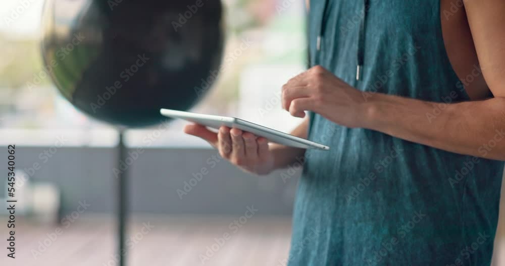 Gym, health and man with tablet on fitness app planning workout routine ...