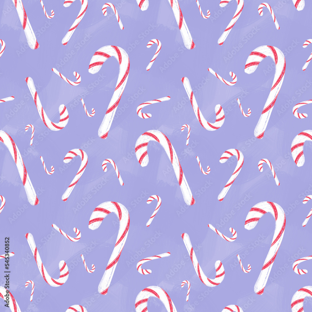 Christmas lollipop on lavender background. Christmas seamless pattern. Design for wrapping paper, wallpaper, textile. Tablecloth winter texture, holiday pattern Christmas lollipop on lavender background. Christmas seamless pattern. Design for wrapping paper, wallpaper, textile. Tablecloth winter texture, holiday pattern