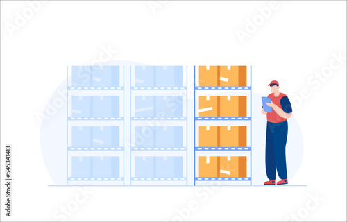 Warehouse worker checking inventory levels of goods on shelf. warehouse Inventory. inventory management and stock control. vector illustration