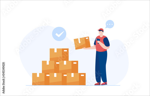 Warehouse Worker scanning parcel barcode. Vector Illustration
