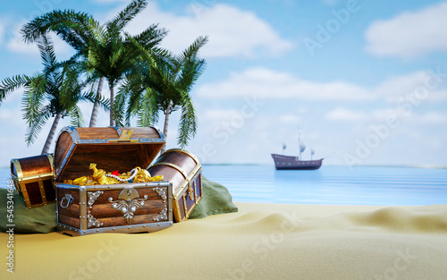 panorama view boxes or treasure chests. wooden treasure chest put on the beach at a deserted island in the theme of Pirate treasure. 3D rendering