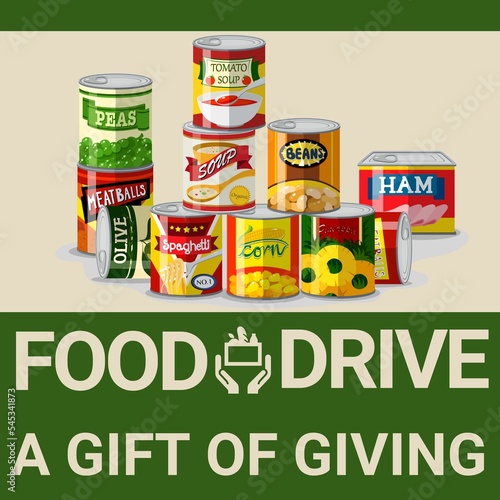 Colorful Food Drive canned goods donation illustration for charity