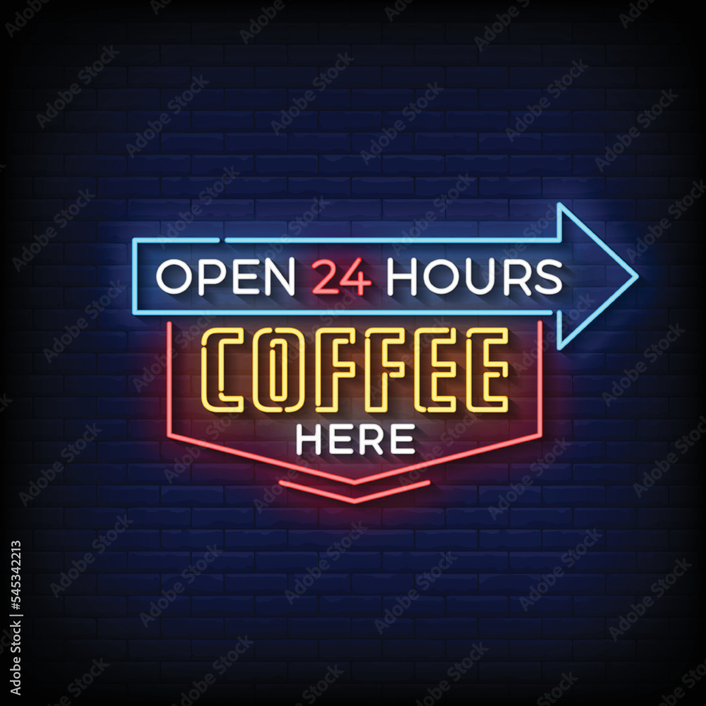 Obraz premium Neon Sign coffee here with brick wall background vector