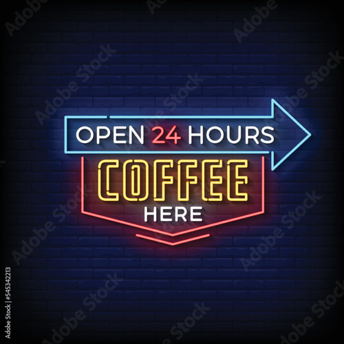 Neon Sign coffee here with brick wall background vector