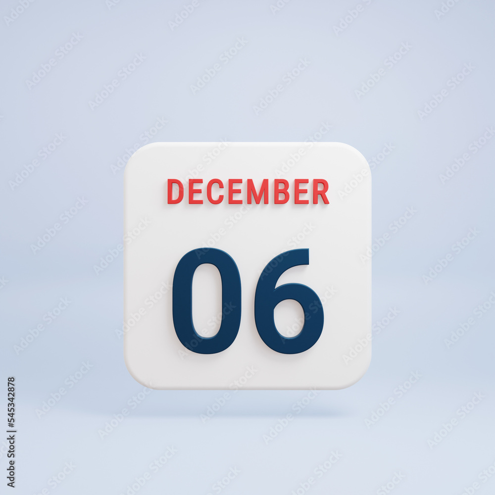 December Realistic Calendar Icon 3D Rendered Date December 06 December Realistic Calendar Icon 3D Rendered Date December 06