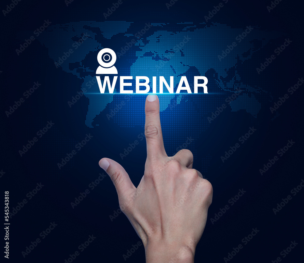 Hand pressing webinar flat icon over digital world map technology style, Business seminar online concept, Elements of this image furnished by NASA Hand pressing webinar flat icon over digital world map technology style, Business seminar online concept, Elements of this image furnished by NASA