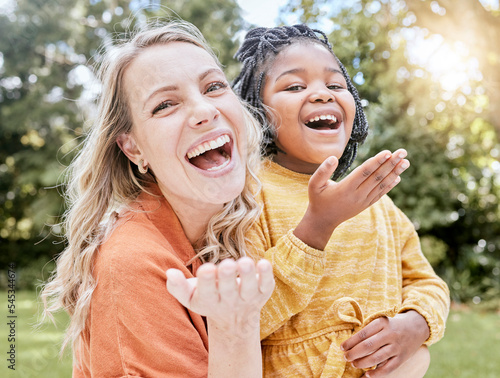 Photos Adoption, mother and girl outdoor, smile or happy being loving, bonding or happy together