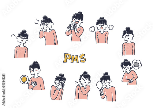 PMSで悩む女性のイラストセット