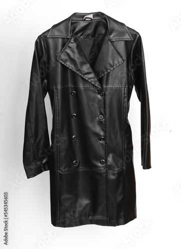 Leather black raincoat isolated on white background