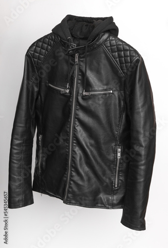 Leather biker jacket with a hood on a white background