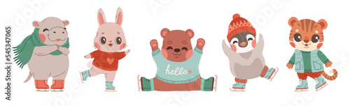 Cute animals set ice skating isolated. Hippo, rabbit, bear, penguin, tiger. Sport and leisure concept illustration