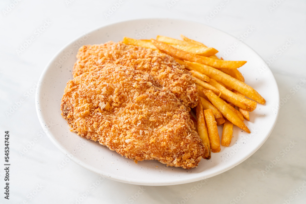 fried chicken breast fillet steak with french fries fried chicken breast fillet steak with french fries
