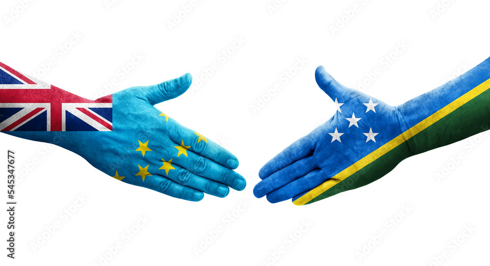 Handshake between Solomon Islands and Tuvalu flags painted on hands, isolated transparent image. Handshake between Solomon Islands and Tuvalu flags painted on hands, isolated transparent image.