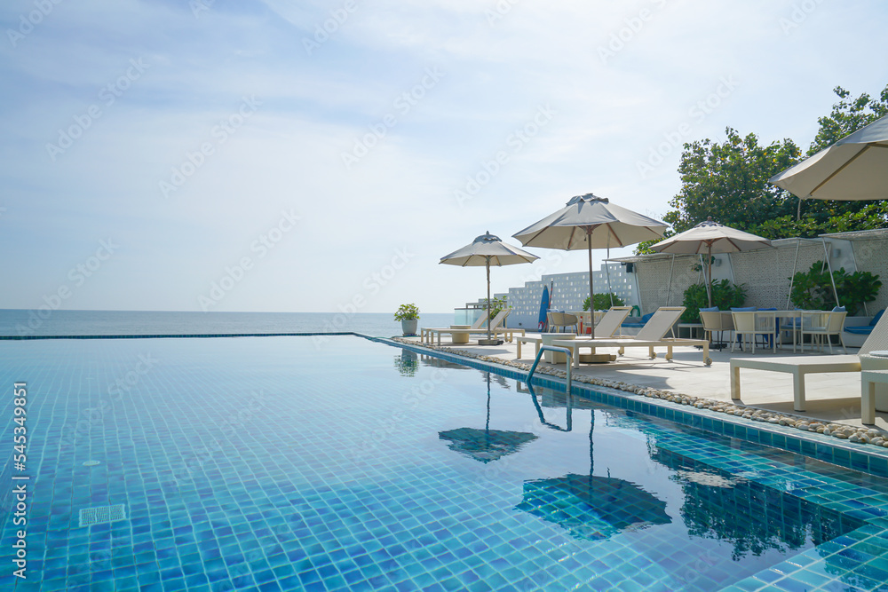 bed pool around swimming pool with sea background