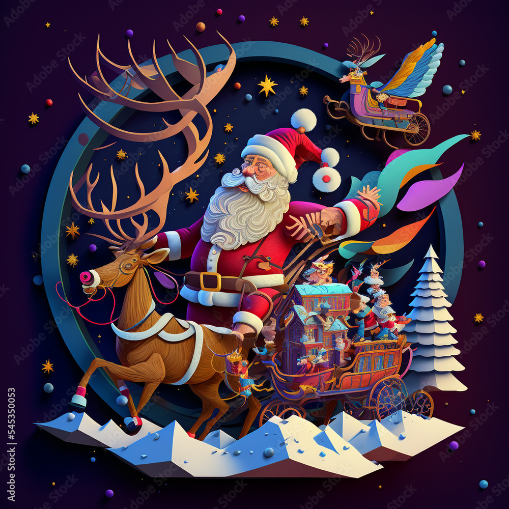 santa claus, snowman, christmas reindeer, delivering gifts at christmas