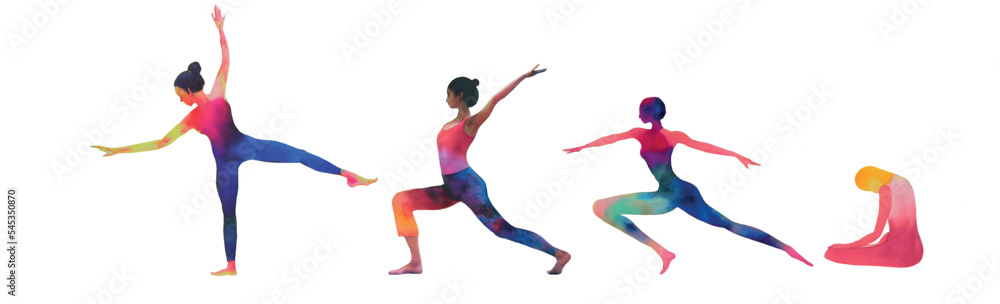 Obraz premium Watercolor yoga set isolation on white background. Yoga poses, asana, sport, dance. Healthy lifestyle and relaxation. Abstract vector illustration.