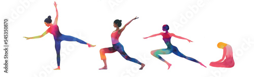 Watercolor yoga set isolation on white background. Yoga poses, asana, sport, dance. Healthy lifestyle and relaxation. Abstract vector illustration.