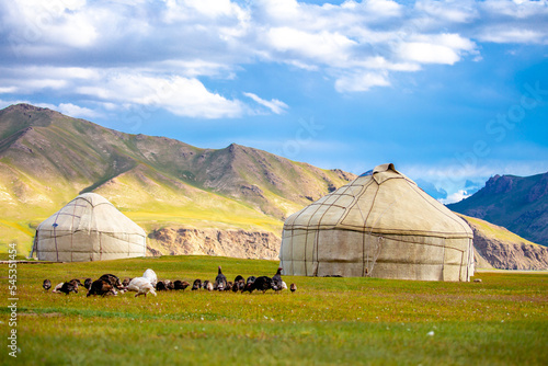 Yurt. National old house of the peoples of Kyrgyzstan and Asian countries. national housing. Yurts on the background of green meadows and highlands. Yurt camp for tourists. photo