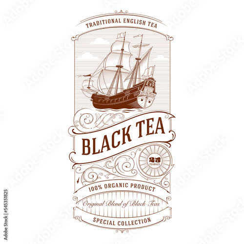 Tea Label Vintage Logo with Sailing Ship