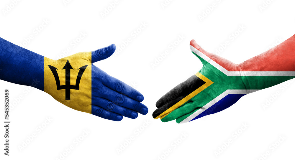Handshake between South Africa and Barbados flags painted on hands, isolated transparent image.