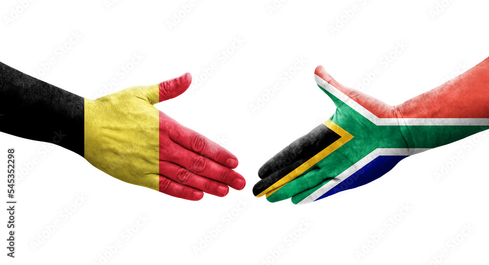 Handshake between South Africa and Belgium flags painted on hands, isolated transparent image. Handshake between South Africa and Belgium flags painted on hands, isolated transparent image.