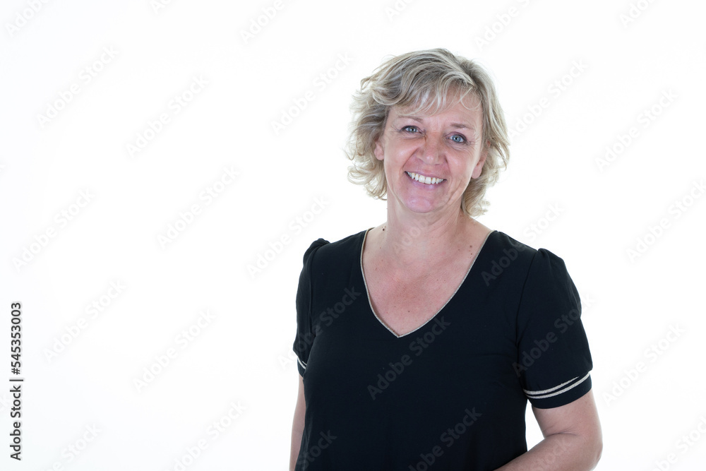 Headshot of blond senior woman smiling standing at isolated white background Headshot of blond senior woman smiling standing at isolated white background