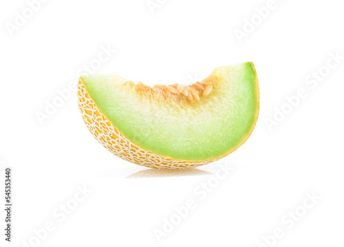 Cantaloupe melon with slices isolated on white background.