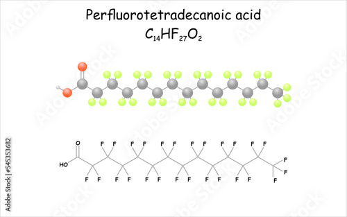 Stylized molecule model/structural formula of perfluorotetradecanoic acid.