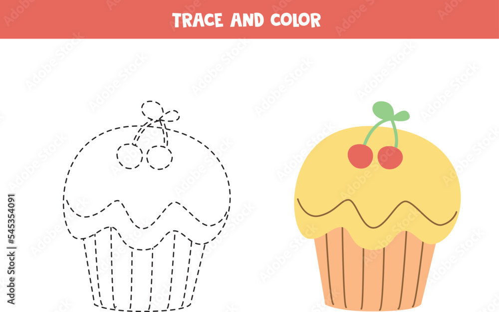 Trace and color cartoon cupcake. Worksheet for children.