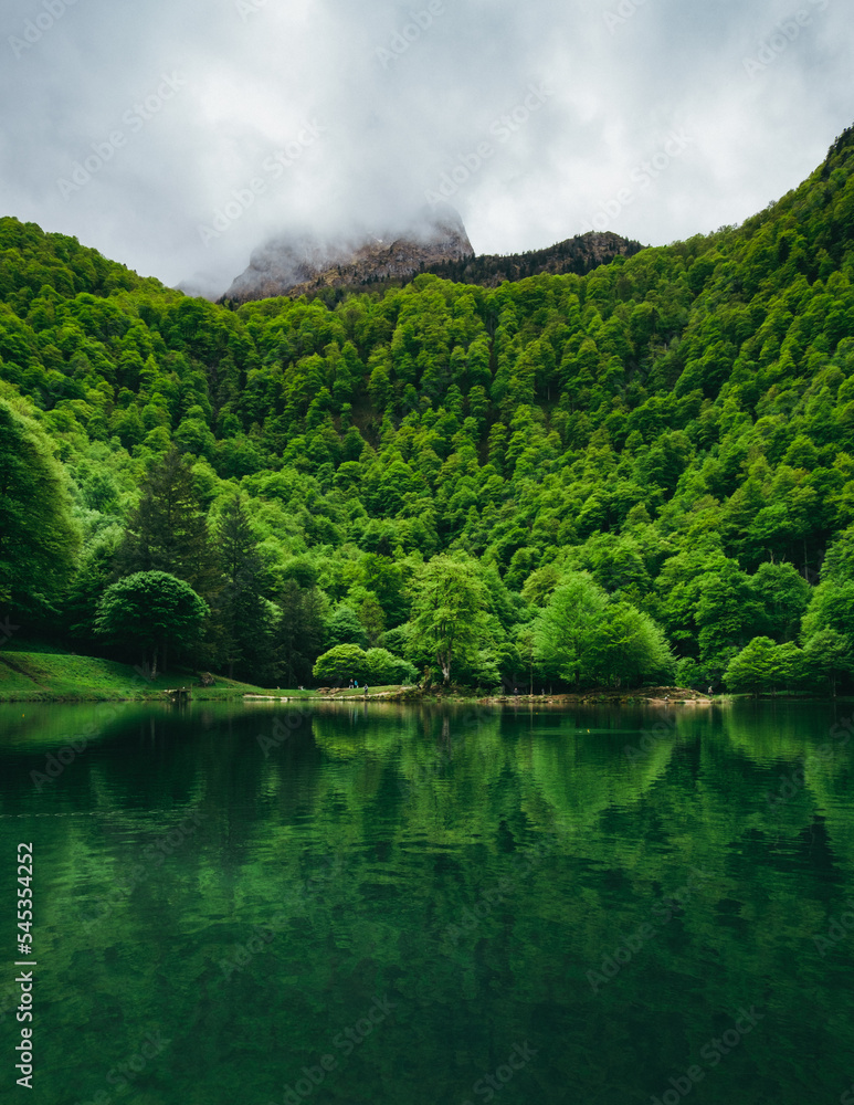View on the mountain lake of Bethmale and thre green reflection in the water in the French Pyrenees (Ariege)