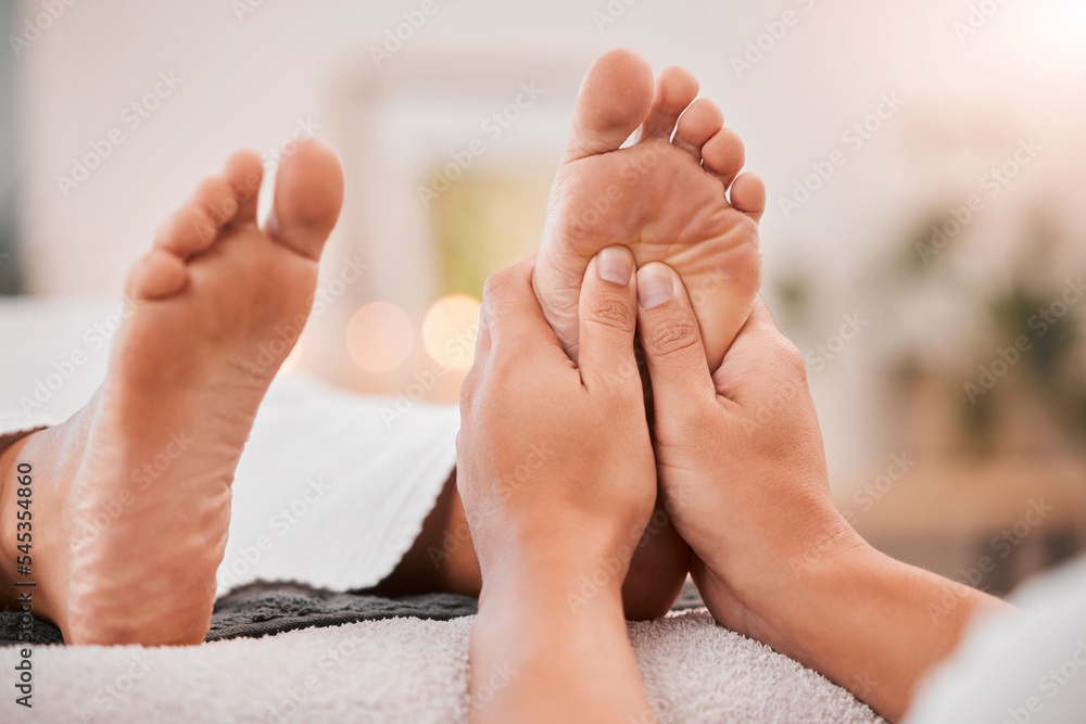 Foot massage, reflexology and podiatrist at luxury spa for woman feet stress relief, muscle relax treatment and wellness physiotherapy. Zen pedicure, self love chakra and self care spiritual healing - obrazy, fototapety, plakaty 