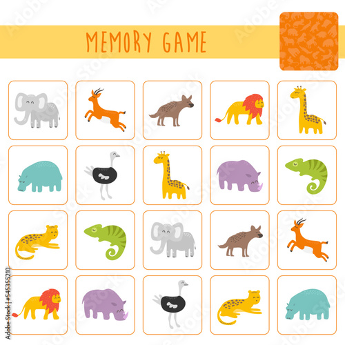Memory game for preschool children, vector cards with african animals. Find two identical picture. Kids activity page for book.