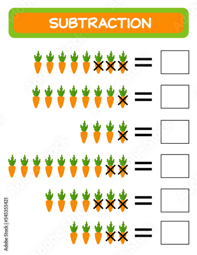 Subtraction.  Math worksheet for kids. Developing numeracy skills. Solve examples and write. Mathematics. Vector illustration.Educational math children game. Subtraction for kids.