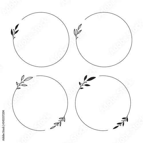 Set of 4 hand drawn spring wreaths isolated on white background, vector. Outline and silhouette frames with leaves. Doodle style.Collection of floral monogram frames.