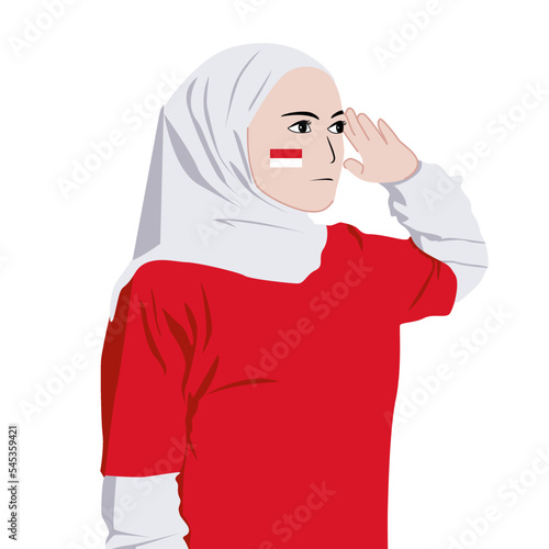 Εκτύπωση καμβά Smiling young asian muslim woman in red white tshirt celebrating indonesian inde