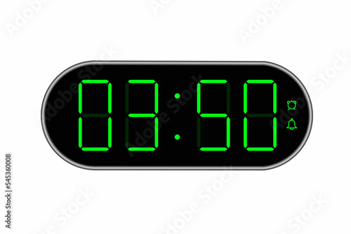 Vector flat illustration of a digital clock displaying 03.50 . Illustration of alarm with digital number design. Clock icon for hour, watch, alarm signs.